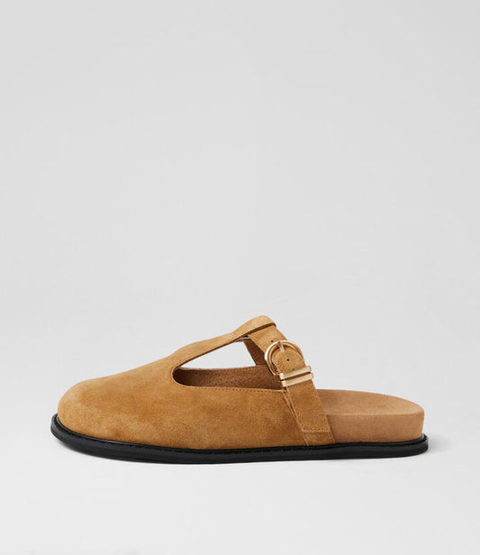 Image of a model wearing Outerwear. Productname: Vileri Cashmere Suede Mules in Cashmere colour by brand - MOLLINI