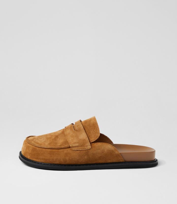 Image of a model wearing Outerwear. Product name - Vershah Cashmere Suede Loafers in Cashmere colour by brand - MOLLINI