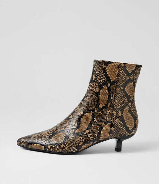 Image of Boots. Productname: Cemila Fawn Black Snake Leather Ankle Boots in Fawn-Black colour by brand - MOLLINI