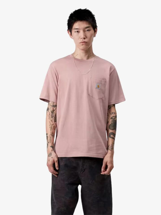 Image of a model wearing Tops. Productname: Carhartt Wip Short Sleeve Pocket T-Shirt in Glassy Pink colour by brand - Carhartt Wip