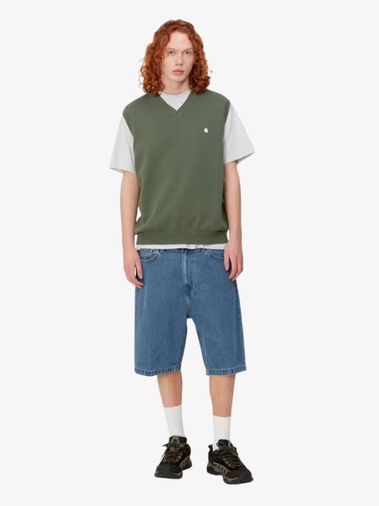 Image of a model wearing Shorts. Productname: Carhartt Wip Landon Short in Blue Heavy Stone Wash colour by brand - Carhartt Wip