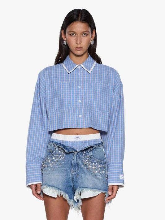 Image of a model wearing Tops. Productname: Ksubi Balter Long Sleeve Shirt Blu Check in Blue colour by brand - Ksubi