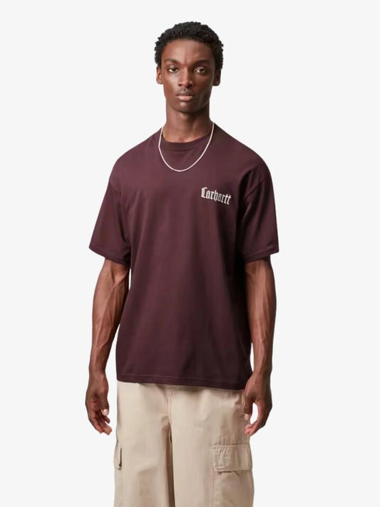 Image of a model wearing Tops. Productname: Carhartt Wip Short Sleeve Schooling T-Shirt in Rondo colour by brand - Carhartt Wip