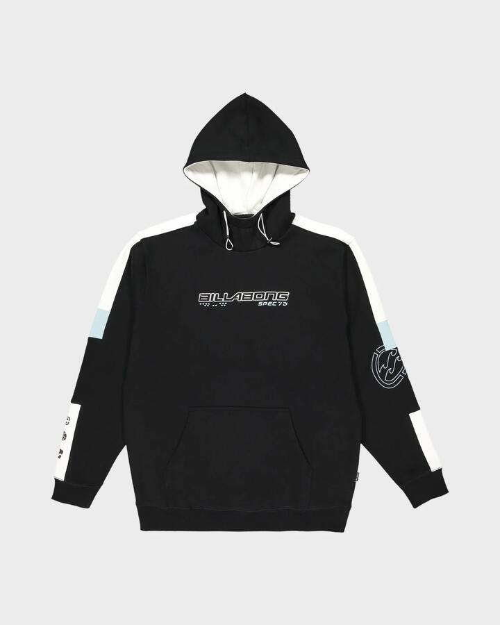 Image of a model wearing Outerwear. Productname: billabong - Mens Spec 73 Pop Pullover Hoodie - Black - in Black colour by brand - billabong