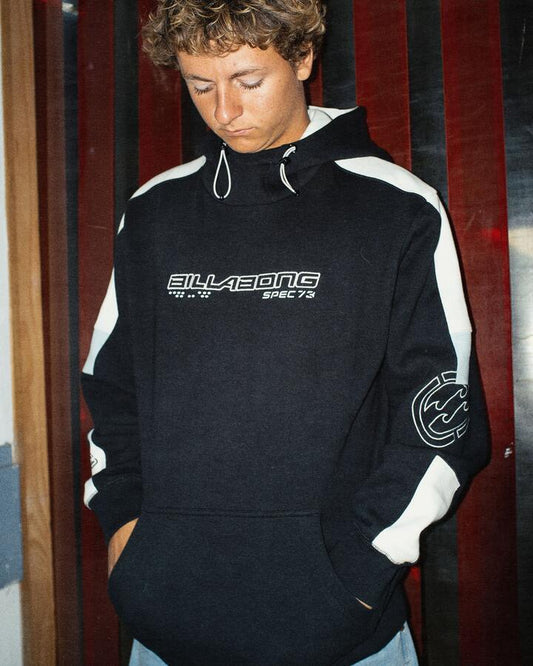 Image of a model wearing Outerwear. Product name - Billabong Mens Spec 73 Pop Pullover Hoodie Black in Black colour by brand - Billabong