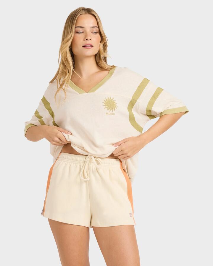 Image of a model wearing Shorts. Productname: billabong - Womens Classic Feels Elastic Waist Shorts - White Cap - in White Cap colour by brand - billabong
