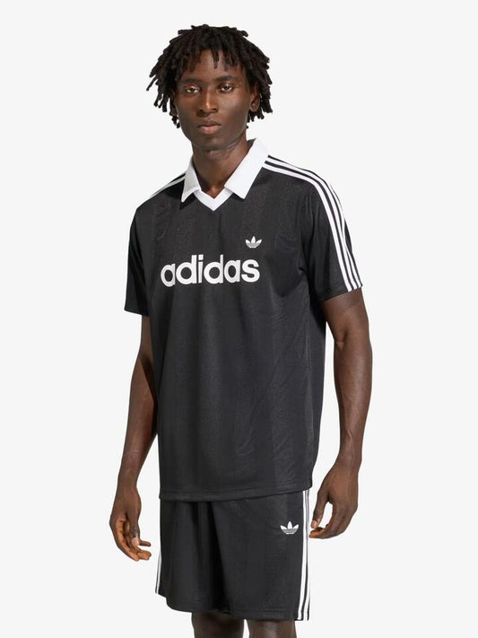 Image of a model wearing Tops. Productname: Adidas Archive Collar Engineered Jersey in Black colour by brand - Adidas
