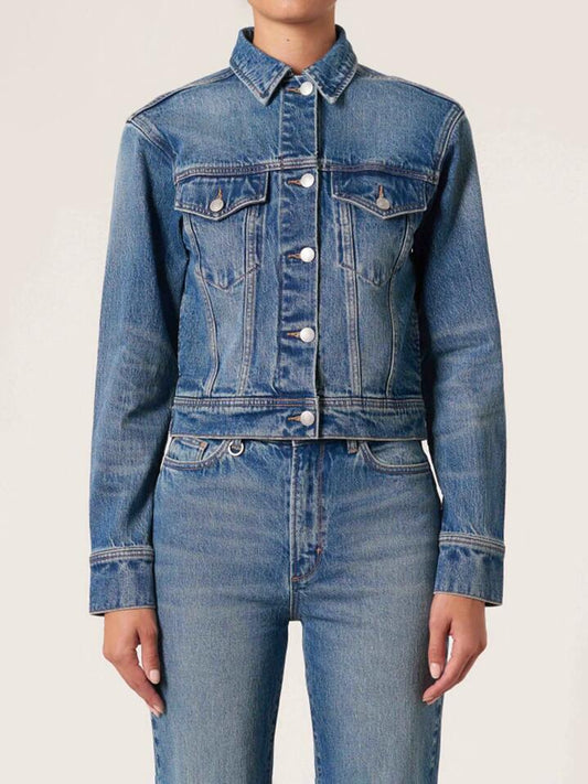 Image of a model wearing Outerwear. Productname: Neuw Classic Denim Jacket in Mid Vintage Indigo colour by brand - Neuw