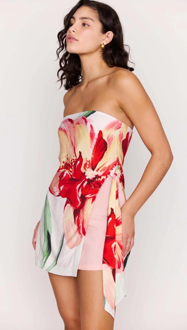 Image of Dresses. Product name - Macro Floral Print Strapless Mini Dress in Painterly Floral colour by brand - MINKPINK