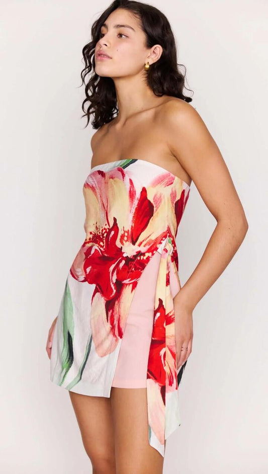 Image of Dresses. Product name - Macro Floral Print Strapless Mini Dress in Painterly Floral colour by brand - MINKPINK