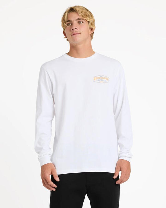 Image of a model wearing Tops. Product name - Quiksilver Mens Classic Hooks Long Sleeve T-Shirt White in White colour by brand - Quiksilver
