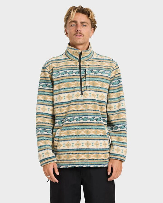 Image of a model wearing Outerwear. Product name - Billabong Mens Boundary Mock Neck Fleece Top Desert in Desert colour by brand - Billabong