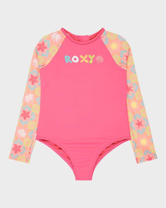 Image of a model wearing Tops. Product name - Roxy Girls 2-7 Check Long Sleeve One Piece Rash Vest Plumeria Hippie Hour Diagonal in Plumeria Hippie Hour Diagonal colour by brand - Roxy