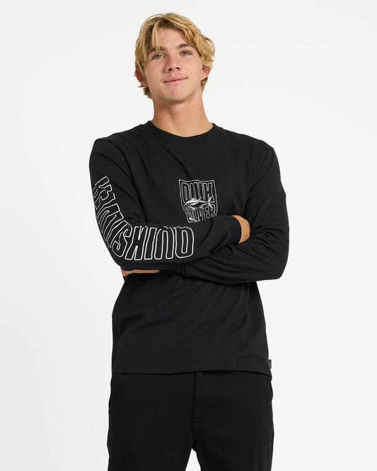 Image of a model wearing Tops. Product name - Quiksilver Mens Blind Cast Long Sleeve T-Shirt Black in Black colour by brand - Quiksilver
