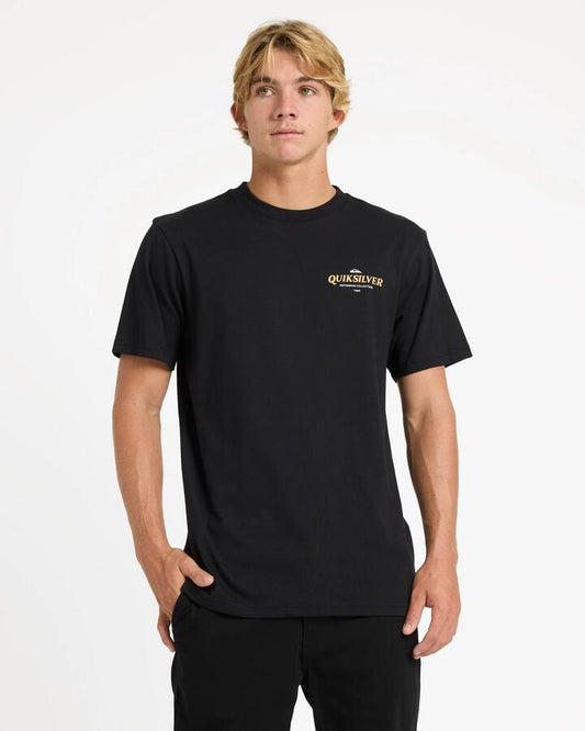 Image of a model wearing Tops. Productname: quiksilver Mens Sinker T-Shirt Black - in Black colour by brand - Quiksilver
