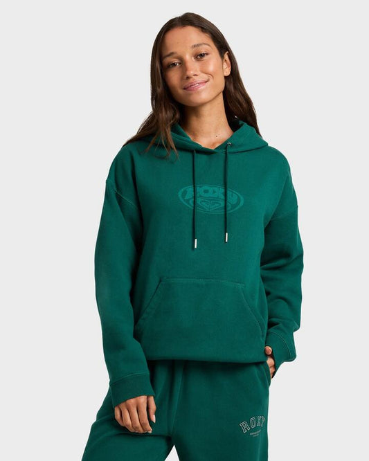 Image of a model wearing Outerwear. Productname: roxy Womens Dreamy Days Pullover Hoodie Forest - in Forest colour by brand - Roxy