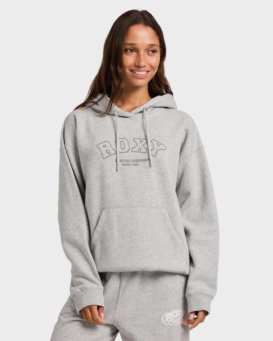 Image of a model wearing Outerwear. Productname: roxy Womens Dreamy Days Pullover Hoodie Grey Marle - in Grey Marle colour by brand - Roxy
