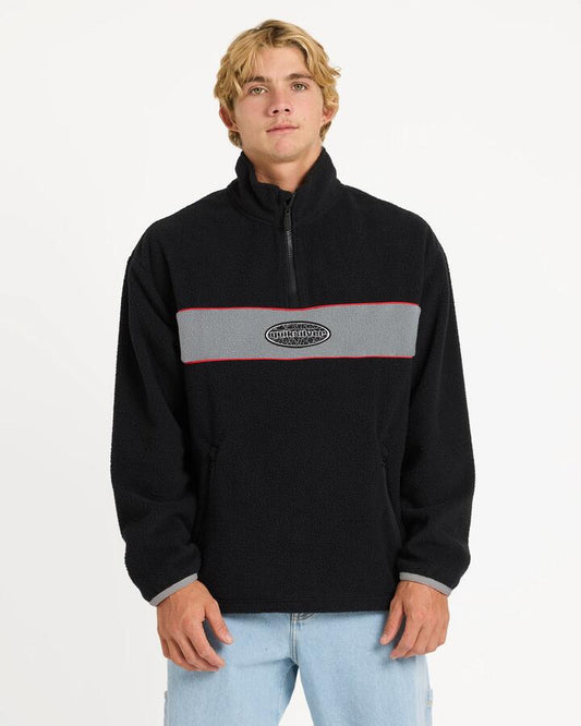 Image of a model wearing Outerwear. Productname: quiksilver Mens Mercury Panel 1/4 Zip Fleece Jumper Black - in Black colour by brand - Quiksilver