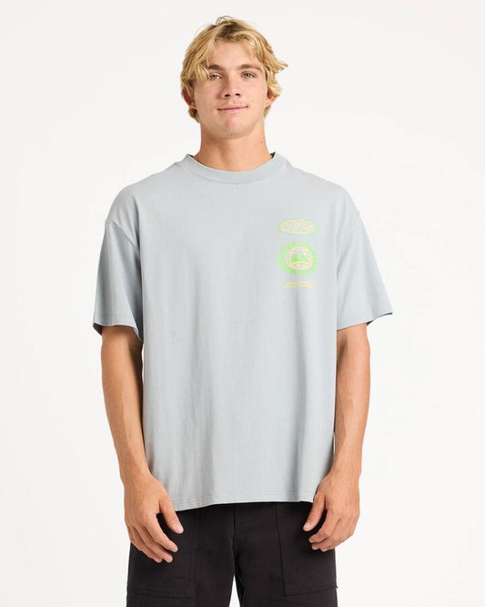 Image of a model wearing Tops. Productname: quiksilver Mens Quik Global T-Shirt Quarry - in Quarry colour by brand - Quiksilver