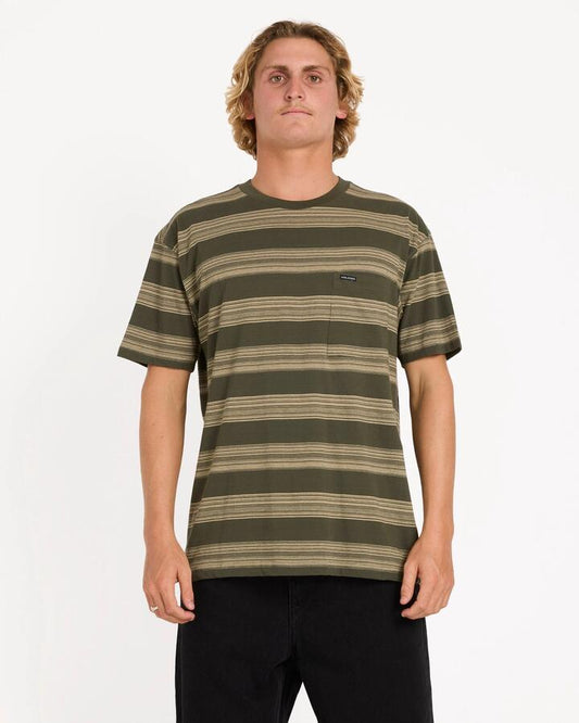 Image of a model wearing Tops. Productname: volcom Mens Twilight T-Shirt Squadron Green - in Squadron Green colour by brand - Volcom