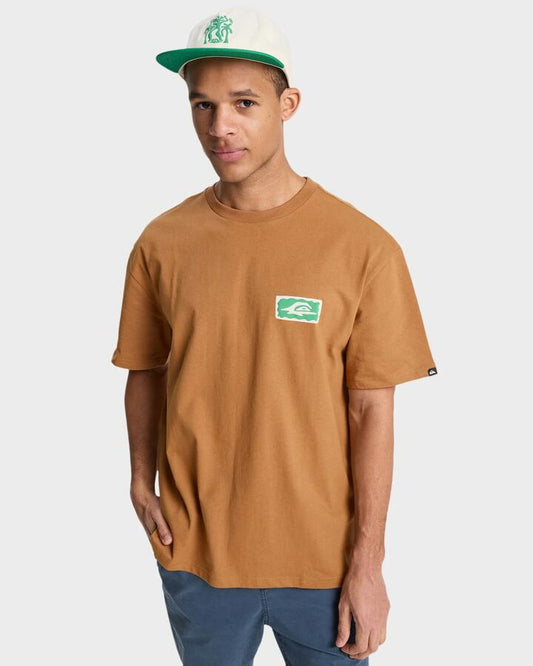 Image of a model wearing Tops. Productname: quiksilver Mens Serenity Splash T-Shirt Tobacco Brown - in Tobacco Brown colour by brand - Quiksilver