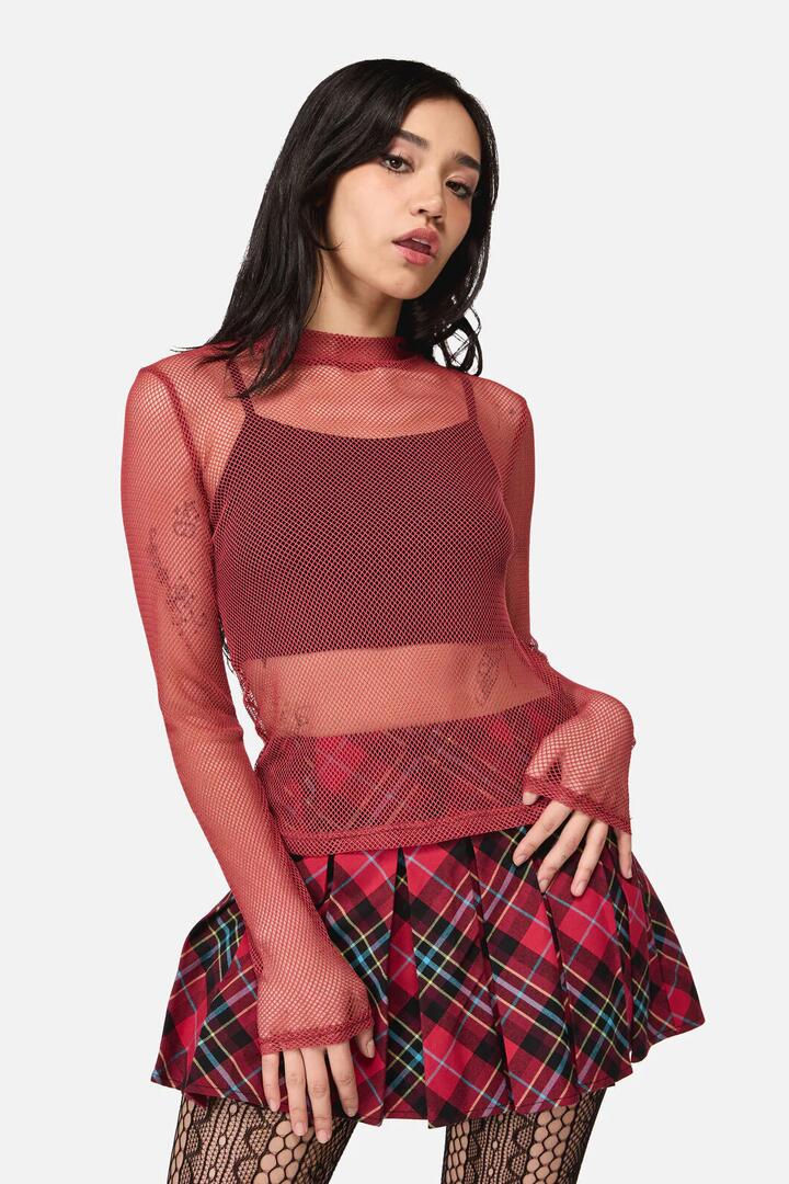 Image of a model wearing Tops. Productname: Grunge Mesh Top in Red colour by brand - Dangerfield