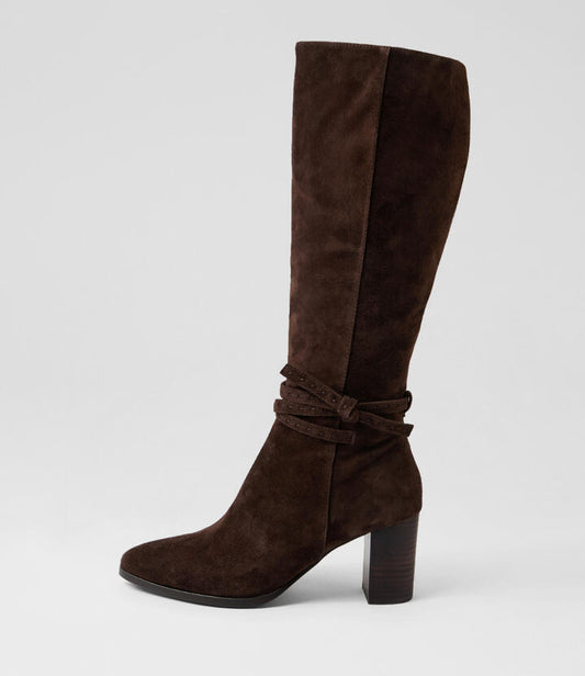 Image of Boots. Productname: Amatis Choc Suede Knee High Boots in Choc colour by brand - MIDAS