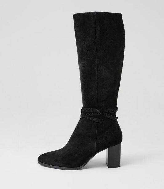 Image of Boots. Productname: Amatis Black Suede Knee High Boots in Black-Black Heel colour by brand - MIDAS