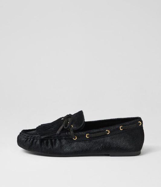 Image of Shoes. Product name - Eltin Black Pony Boat Shoes in Black colour by brand - MOLLINI