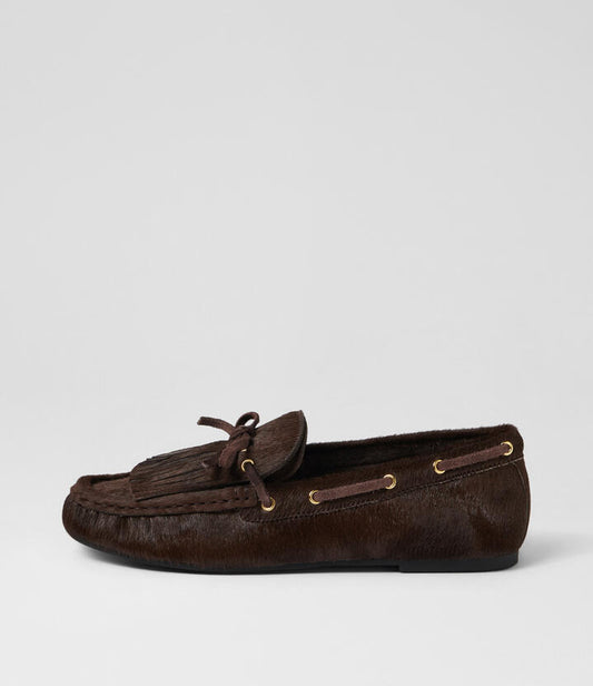 Image of Shoes. Product name - Eltin Choc Pony Boat Shoes in Choc colour by brand - MOLLINI