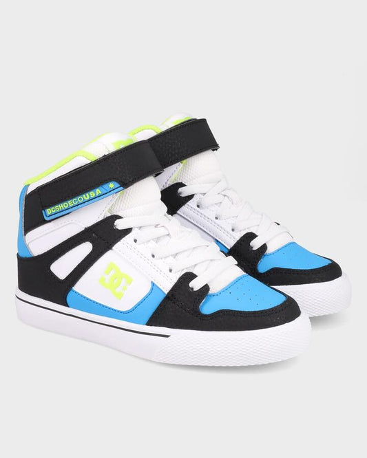 Image of Shoes. Productname: DC Shoes Boys 4-16 Pure High-Top Ev Shoes Black/Blue/Lime - in Black/Blue/Lime colour by brand - DC Shoes