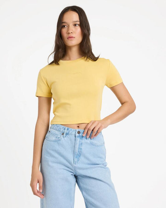 Image of a model wearing Tops. Productname: volcom Womens Volcomstone T-Shirt Sunburst - in Sunburst colour by brand - Volcom