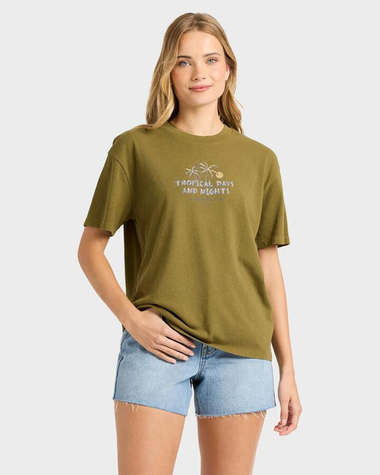Image of a model wearing Tops. Productname: billabong Womens Welcome To Hawaii T-Shirt Dark Olive - in Dark Olive colour by brand - Billabong