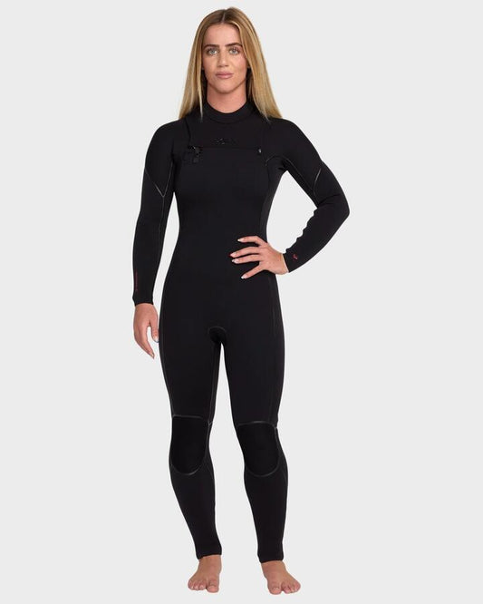Image of a model wearing Tops. Productname: roxy Womens 3/2Mm Elite Extra Stretch Chest Zip Wetsuit Black - in Black colour by brand - Roxy