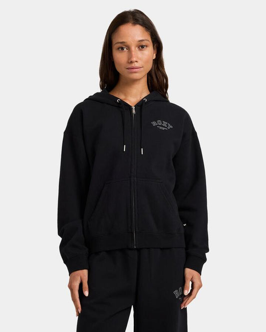 Image of a model wearing Outerwear. Product name - Roxy Womens Dreamy Days Zip Up Hoodie Black in Black colour by brand - Roxy