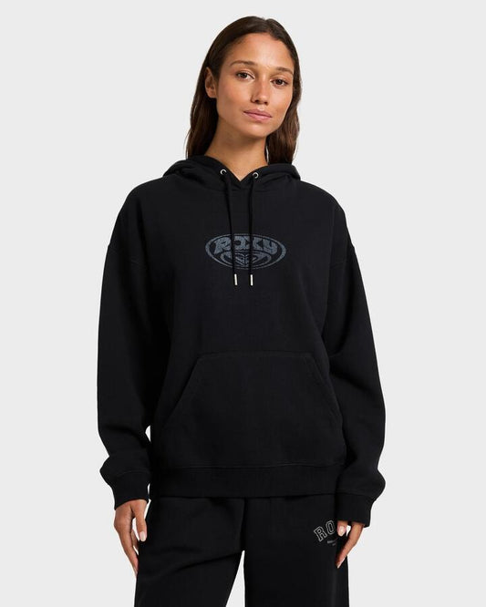 Image of a model wearing Outerwear. Product name - Roxy Womens Dreamy Days Pullover Hoodie Black in Black colour by brand - Roxy