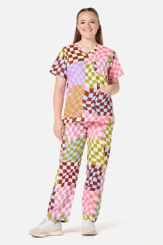 Image of a model wearing Uniforms & Workwear. Productname: Check It Scrub Set in Multi colour by brand - Scrubs With Love