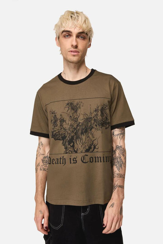 Image of a model wearing Tops. Productname: Death Is Coming Tee in Olive colour by brand - Black Friday