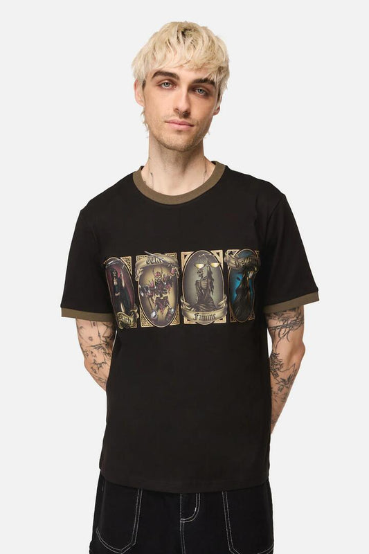 Image of a model wearing Tops. Productname: Horseman Goth Unisex Tee in Black colour by brand - Black Friday