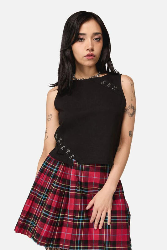 Image of a model wearing Tops. Productname: Buckled Goth Tank Top in Black colour by brand - Dangerfield