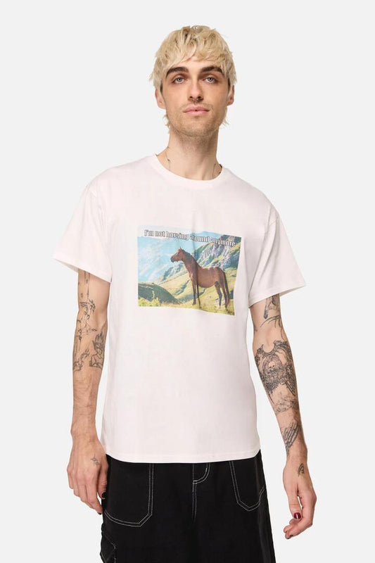 Image of a model wearing Tops. Productname: Not Horsing Around Tee in White colour by brand - Dangerfield