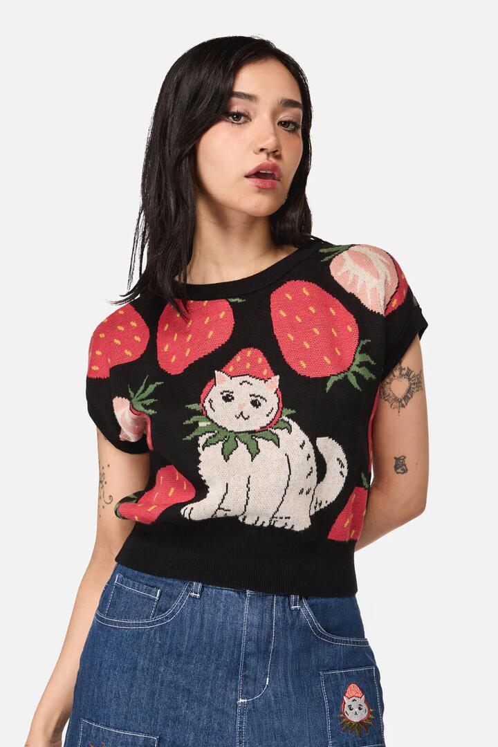Image of a model wearing Tops. Productname: Strawberry Cat Knit Top in Black colour by brand - Dangerfield