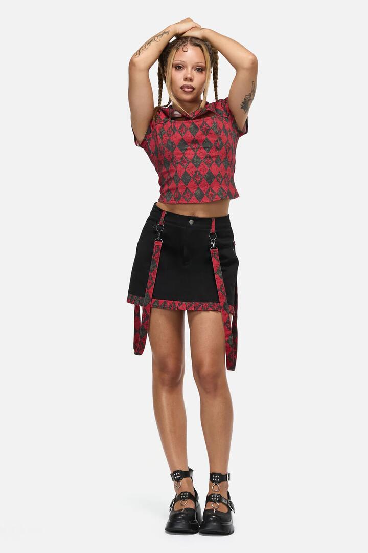 Image of a model wearing Skirts. Productname: The End Goth Trim Skirt in Black colour by brand - Black Friday