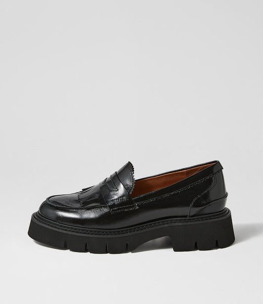 Image of Flats. Product name - Koast Black Shine Leather Loafers in Black colour by brand - MOLLINI