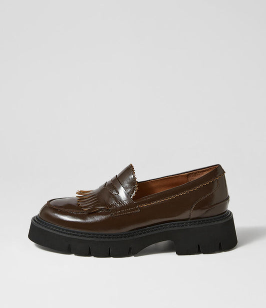 Image of Flats. Product name - Koast Brown Shine Leather Loafers in Brown colour by brand - MOLLINI