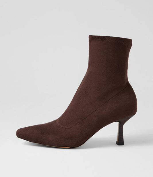 Image of Boots. Productname: Audry Deep Brown Stretch Microsuede Ankle Boots in Deep Brown-Dk Brown Heel colour by brand - MOLLINI