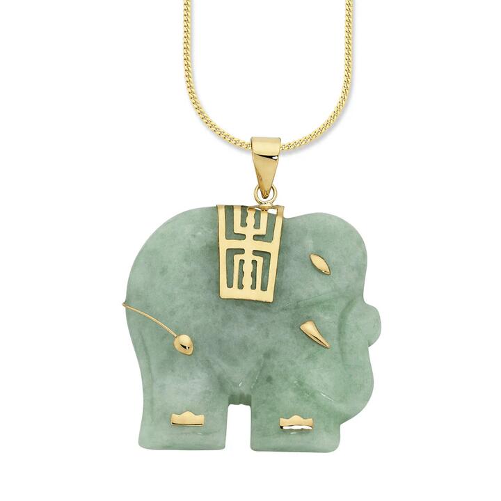 Image of Charms. Productname: Elephant Natural Jade Pendant in 9kt Yellow Gold in Diamond colour by brand - Bevilles