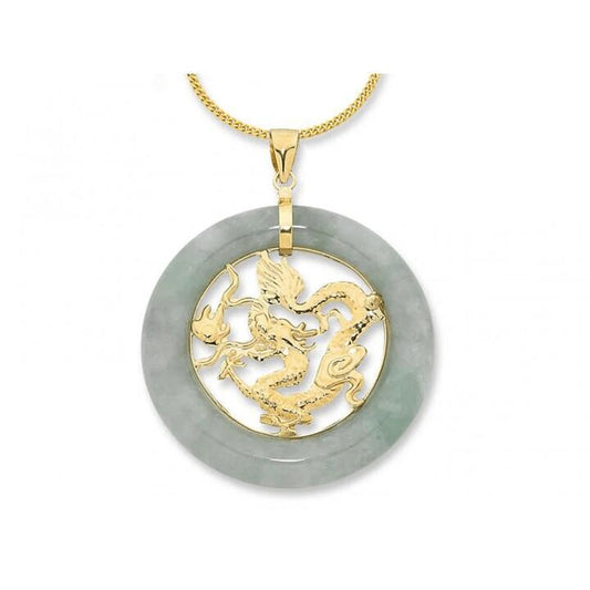 Image of Charms. Productname: Jade Circle with Dragon Centre Pendant in 9kt Yellow Gold in Diamond colour by brand - Bevilles