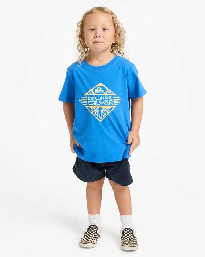 Image of a model wearing Tops. Productname: quiksilver Boys 2-7 Heritage Damon T-Shirt Nebulas Blue - in Nebulas Blue colour by brand - Quiksilver