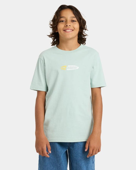 Image of a model wearing Tops. Productname: quiksilver Boys 8-16 Channel Fix T-Shirt Blue Haze - in Blue Haze colour by brand - Quiksilver